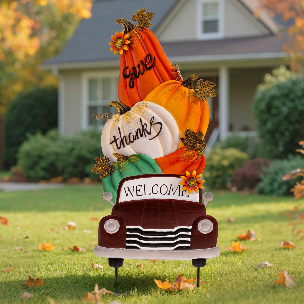 Lanpn Fall Garden Stakes Decorative, 3 Stacked Pumpkin Truck Waterproof Metal Yard Signs 2ft for Home Lawn Patio Porch Autumn Thanksgiving Harvest Season Outdoor Decor (Style 01, 11.4 X 29.9 Inch)
