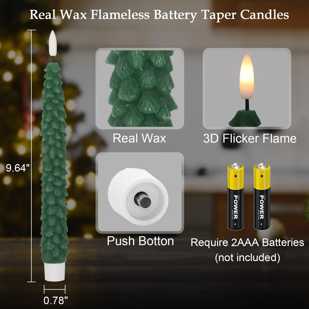 Green Christmas Tree Flameless Taper Candles Battery Operated Remote Timer