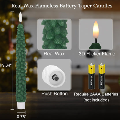 Green Christmas Tree Flameless Taper Candles Battery Operated Remote Timer