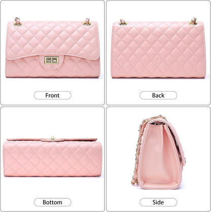 Quilted Leather Crossbody Bags for Women Trendy Ladies Shoulder Purse Satchel HandBag with Chain Strap