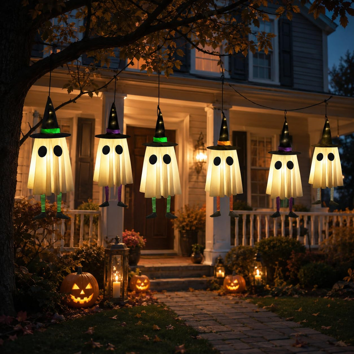 Set of 4 Halloween Hanging Ghosts, Halloween Decorations Outdoor Hanging Ghosts with Witch Hat,glowing Ghost Witch Hat Lights, Light Up Ghost Decor for Yard Patio Garden Tree Outside(4 Ghost Lighted)