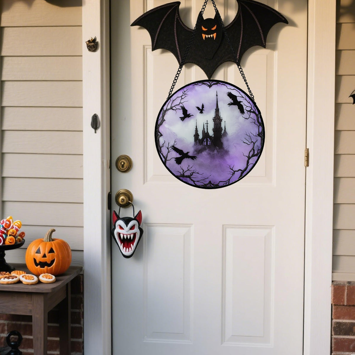 Stained Glass Window Hanging - Halloween Red White Scary Pumpkin Suncatcher for Doors Garden Home Spooky Rattan Sun Catchers Gothic Decor Horror Gifts for Women Men Friend Boy Girl 15 In