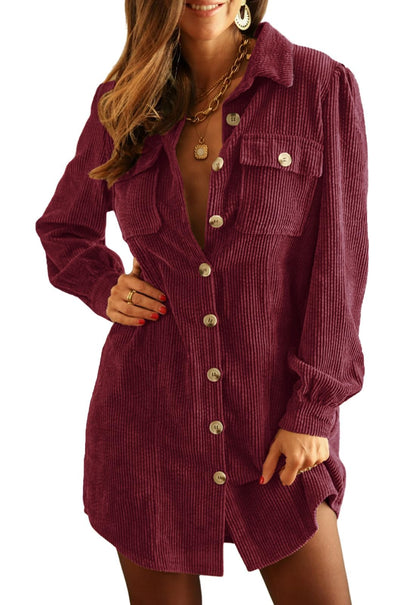 Women's Corduroy Long Sleeve Button Work Tunic Short Dresses