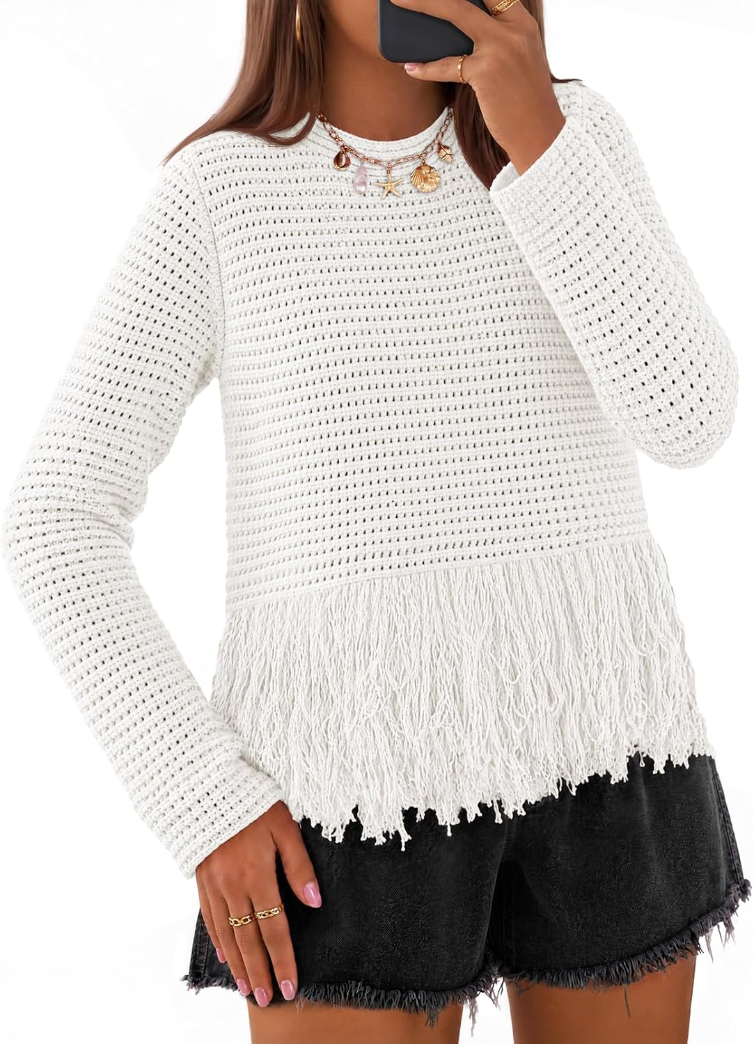 MEROKEETY Women's Fall Fashion Crochet Fringe Sweater Tops Boho Pullover