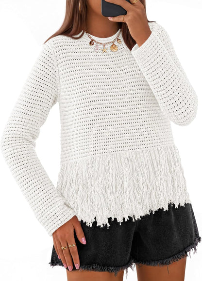 MEROKEETY Women's Fall Fashion Crochet Fringe Sweater Tops Boho Pullover