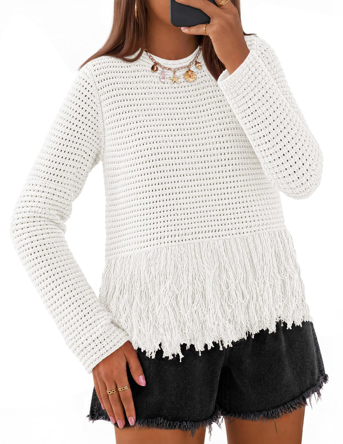 MEROKEETY Women's Fall Fashion Crochet Fringe Sweater Tops Boho Pullover