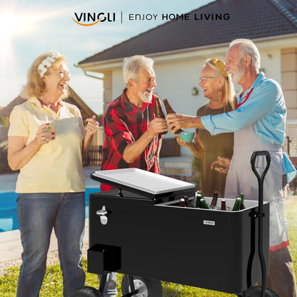 Vingli 80 Quart Wagon Rolling Cooler Ice Chest, W/Long Handle and 10" Wheels
