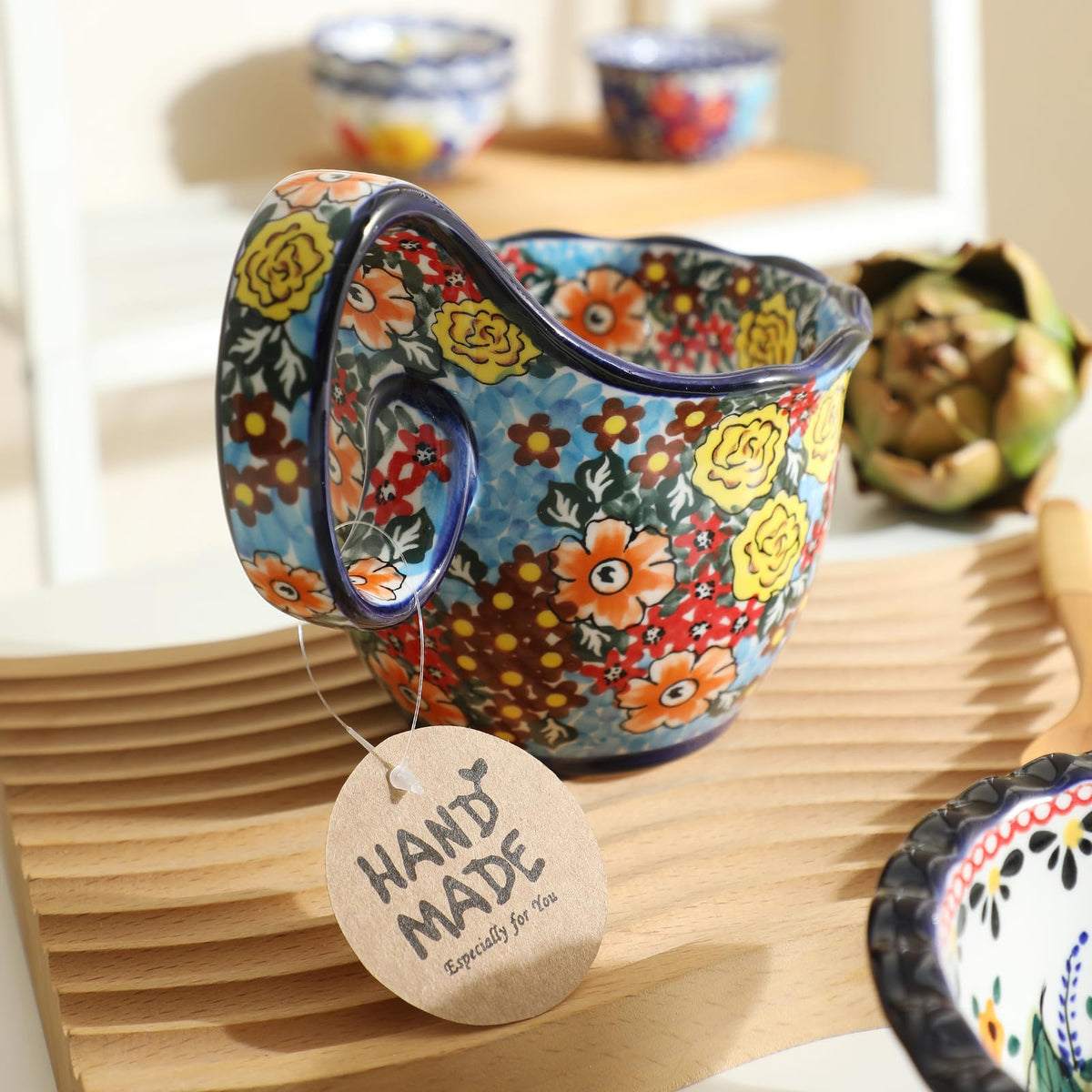 Alma Handpainted Microwavable Soup Bowl with Loop Handle 18.6Oz, Cereal Bowl with Handle