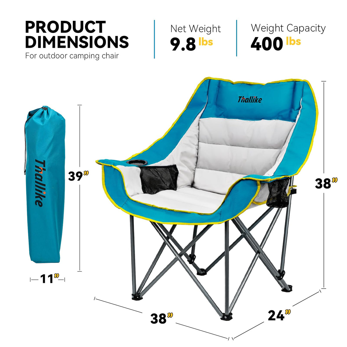 Oversized Camping Chair for Adults – Heavy Duty Folding Chair with Cup Holders, Storage Pocket & Carry Bag – Outdoor Padded Camp Chair for Camping, Backyard, Fishing & Sports – Supports 400lbs
