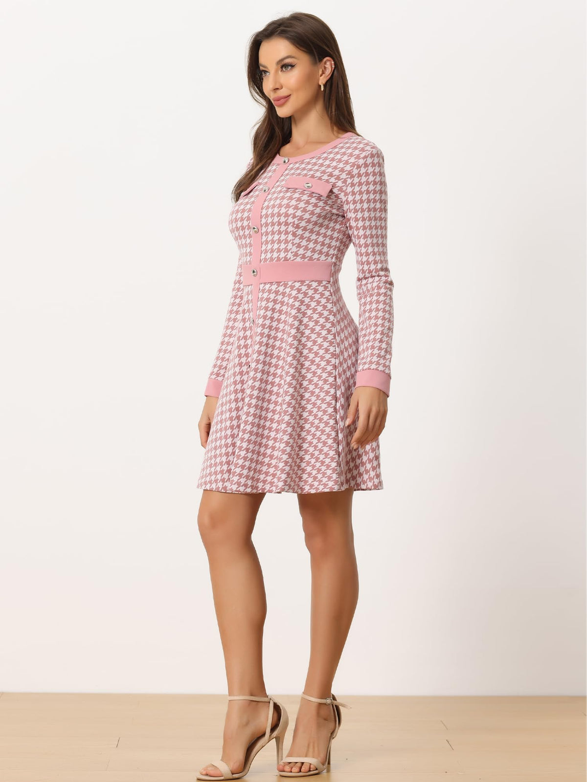 Allegra K Women's Houndstooth Plaid A-Line Elegant Business Work Dress