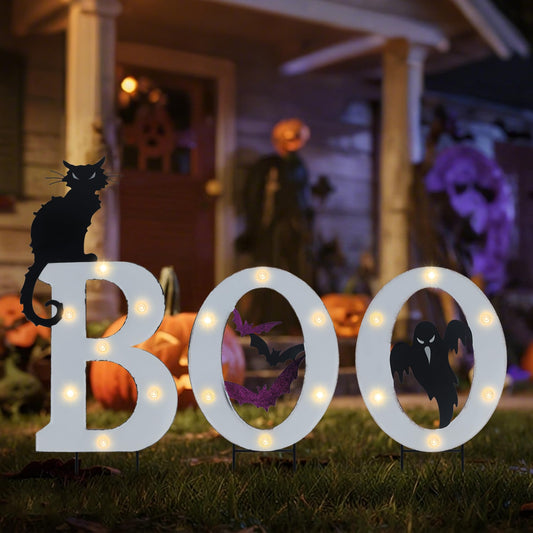 Prsildan 3 Pack Halloween Decorations Outdoor Solar Lighted Boo Yard Sign | Waterproof Metal Lawn Stakes, Solar-Powered, Bats, Cat & Ghost, for Front Yard, Porch, Garden, Spooky Halloween Party Decor
