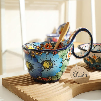 Alma Handpainted Microwavable Soup Bowl with Loop Handle 18.6Oz, Cereal Bowl with Handle