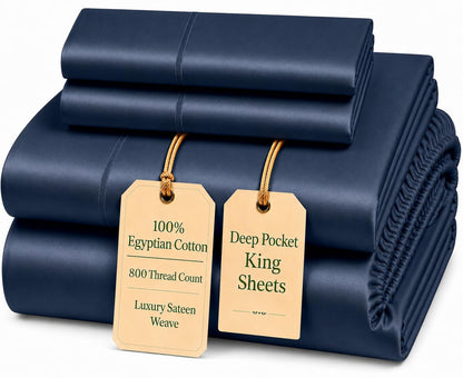 100% Egyptian Cotton Sheets King Size Sheets Set with Fully Elasticated 15" Deep Fitted Sheet & Pillowcases