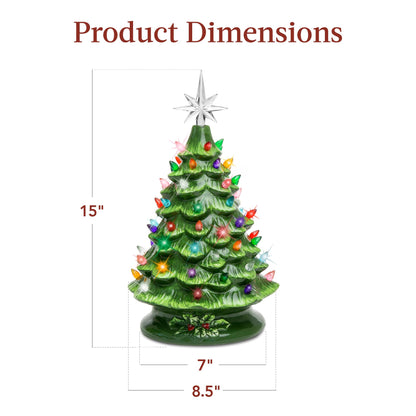 Best Choice Products 15in Ceramic Christmas Tree, Pre-Lit Hand-Painted Tabletop Holiday Tree, Star Topper, 64 Lights - Green W/Multicolored Bulbs