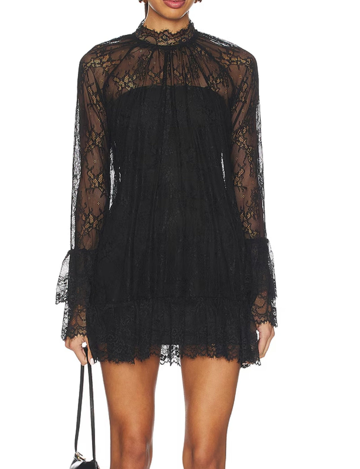 Women See Through Long Sleeve Lace Mini Dress Ruffle Layered Sheer Lace Short Dresses Sexy Going Out Cover Up Dresses