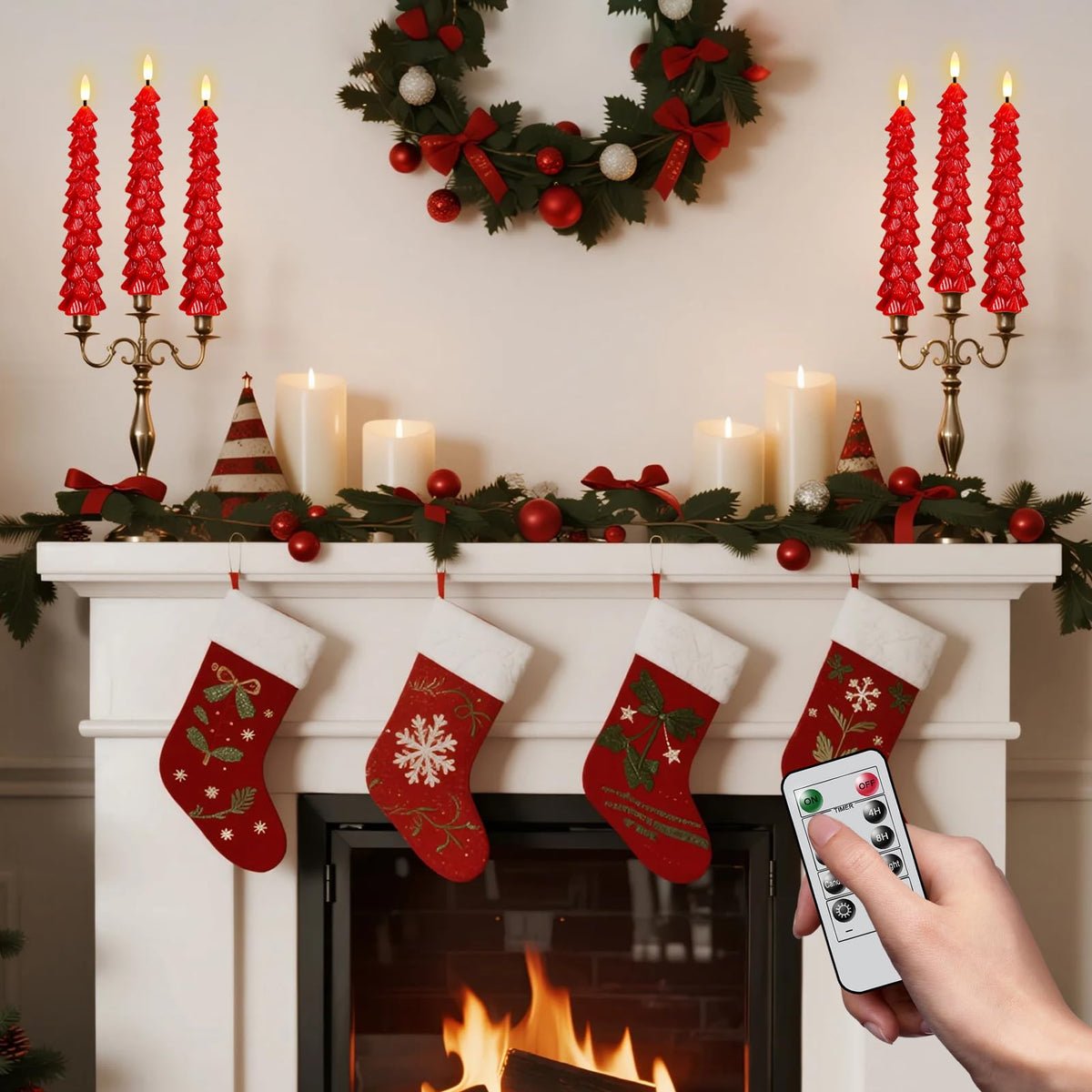 Green Christmas Tree Flameless Taper Candles Battery Operated Remote Timer