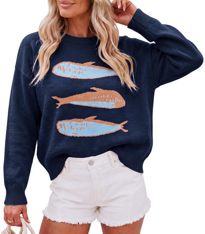 Cicy Bell Womens Graphic Sweaters Lightweight Knit Crewneck Pullover