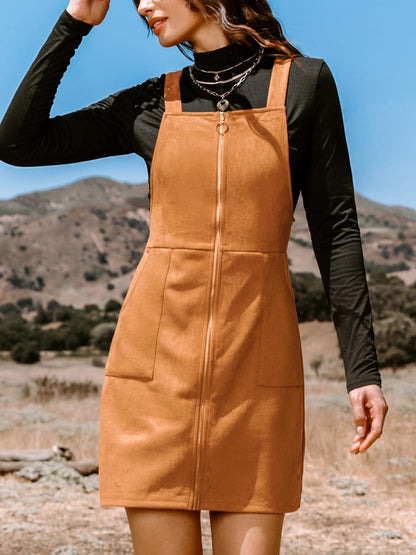 CUPSHE Faux Suede Mini Fall Dresses for Women Square Neck Pull Ring Zipper Front Pockets Wide Straps Casual Autumn Dress