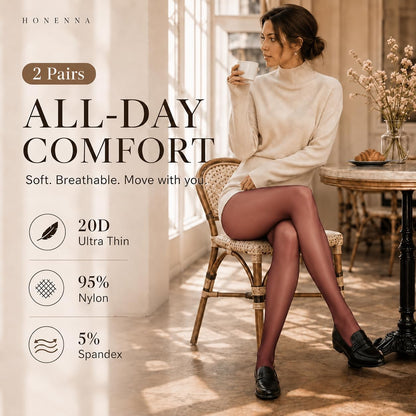 HONENNA Sheer Tights for Women 2 Pairs Ultra Thin Reinforced T Crotch Control Top Pantyhose Stockings