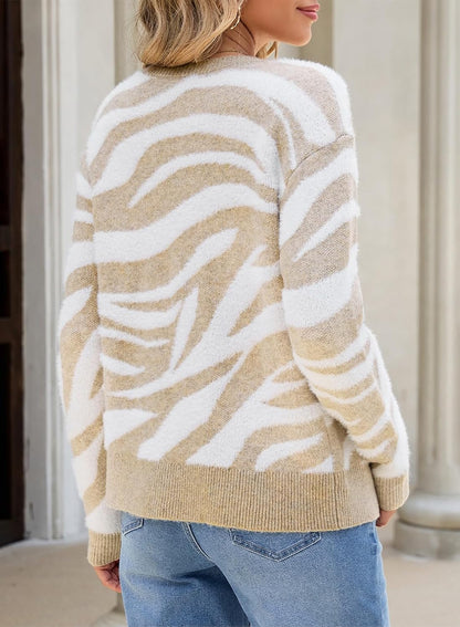 Sidefeel Women's Long Sleeve Crewneck Animal Print Cardigan Sweater