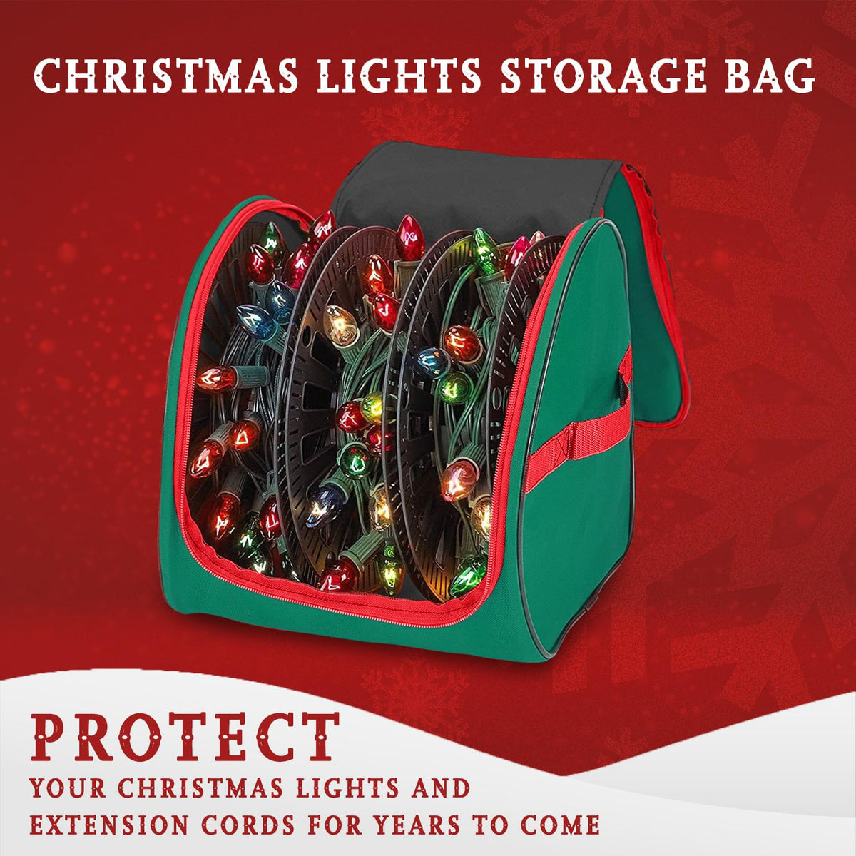 Holdn’ Storage Premium Christmas Light Storage Bag – Heavy Duty Tear Proof 600D/Inside PVC Material with Reinforced Handles - 3 Reels Stores Up to 375 Ft of Mini Tree Lights & Extension Cords Red