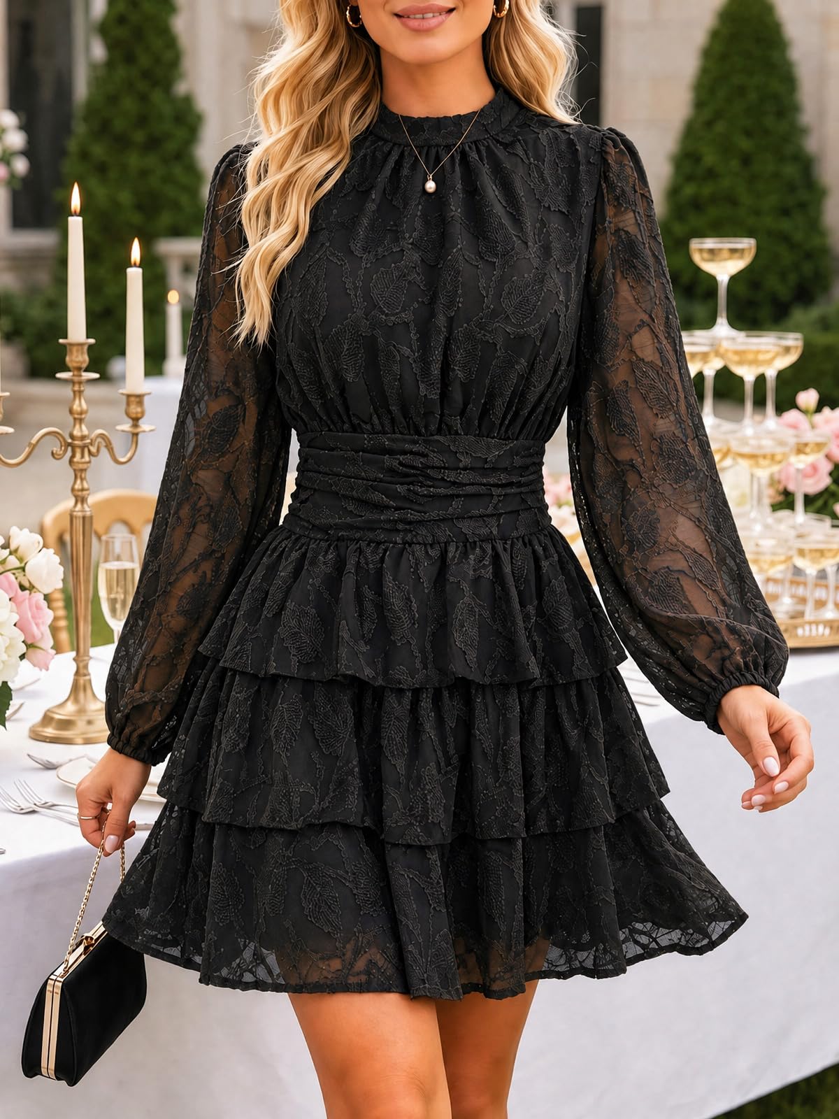 Wenrine Womens Long Sleeve Lace Mini Dress