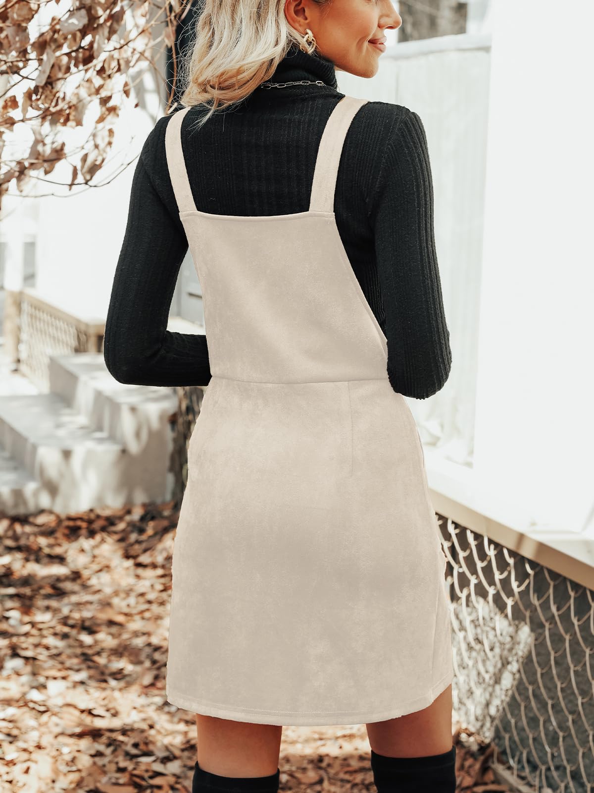 CUPSHE Faux Suede Mini Fall Dresses for Women Square Neck Pull Ring Zipper Front Pockets Wide Straps Casual Autumn Dress