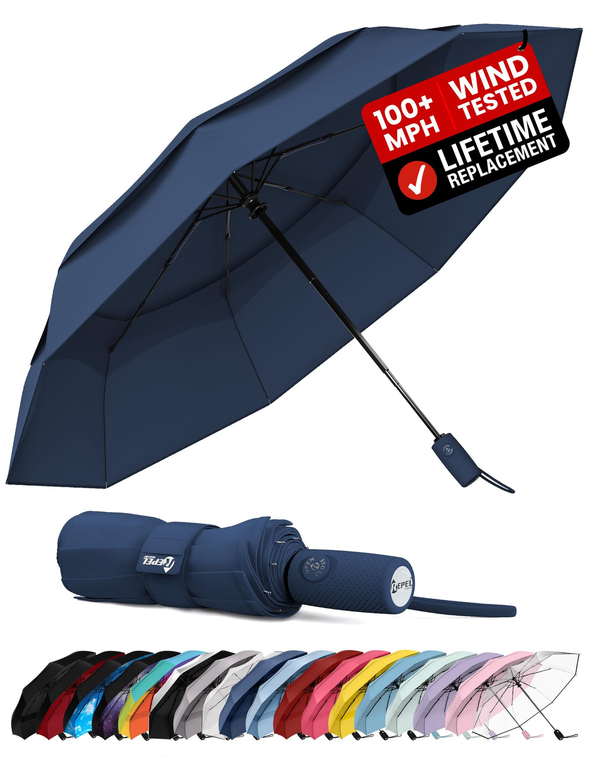 Windproof Travel Umbrella - Compact & Withstands Winds up to 100MPH, Strongest Premium Auto Folding Umbrella for Rain and Sun - Durable, Light & Portable for Women & Men, Fits Backpack & Cars