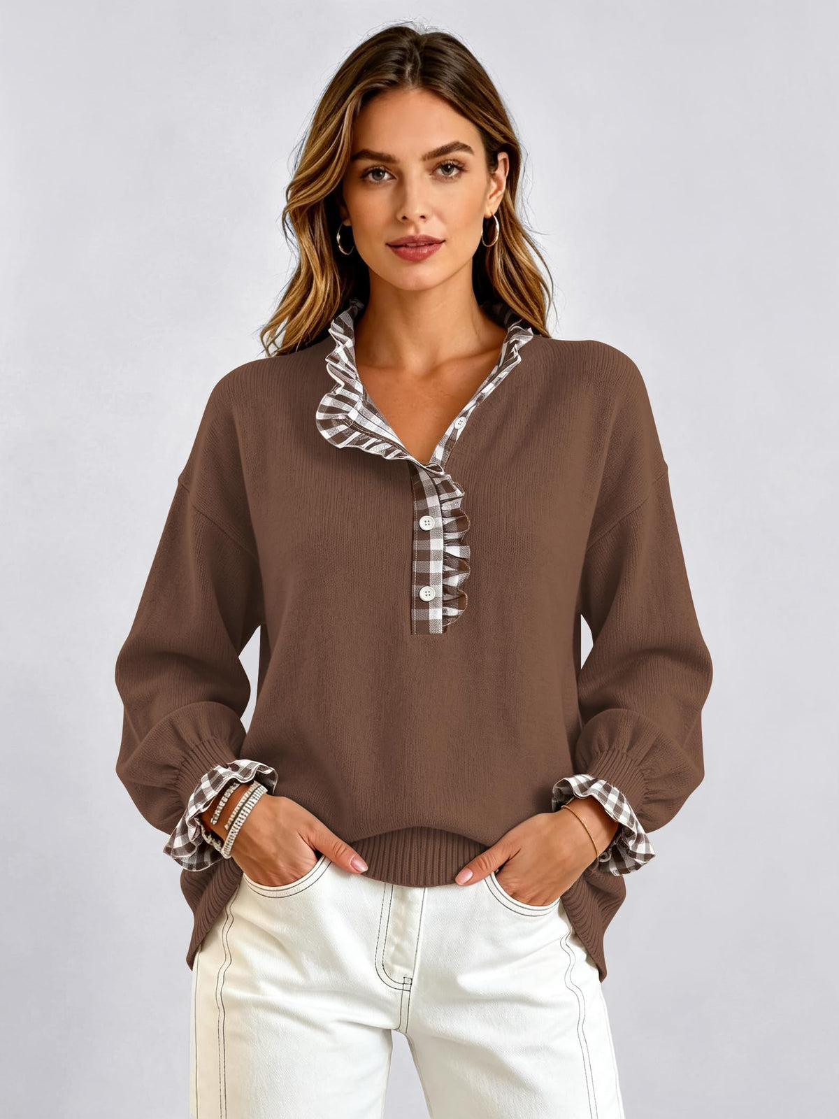 Ruffle Knit Collared Quarter Pullover