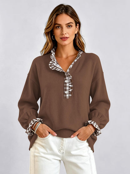 Ruffle Knit Collared Quarter Pullover