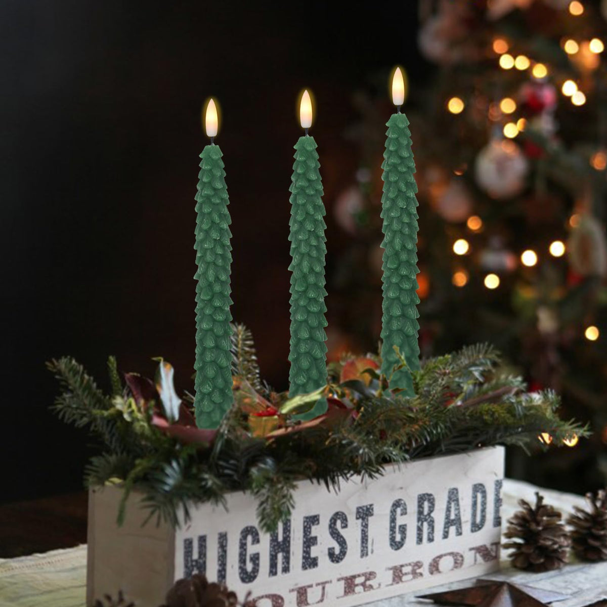 Green Christmas Tree Flameless Taper Candles Battery Operated Remote Timer