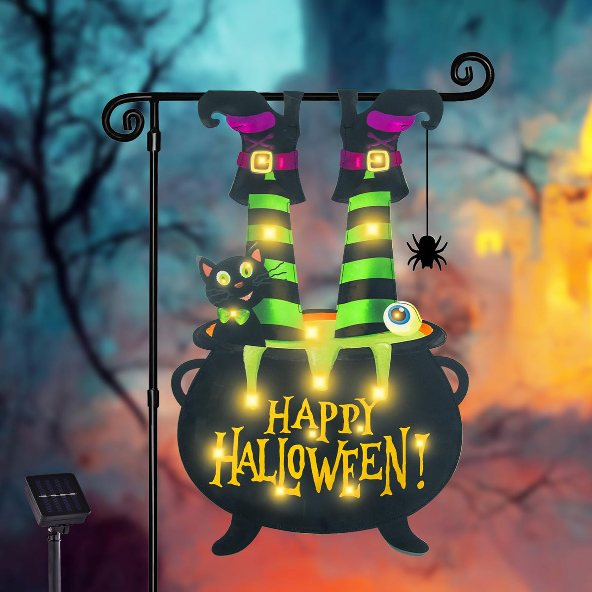 Halloween Lighted Garden Flag for Outside, LED Solar Yard Flag 8 Modes Witch Feet Shape Flag, 28x40 Double Sided Cauldron Eyeball Black Cat Decorations for Home Porch