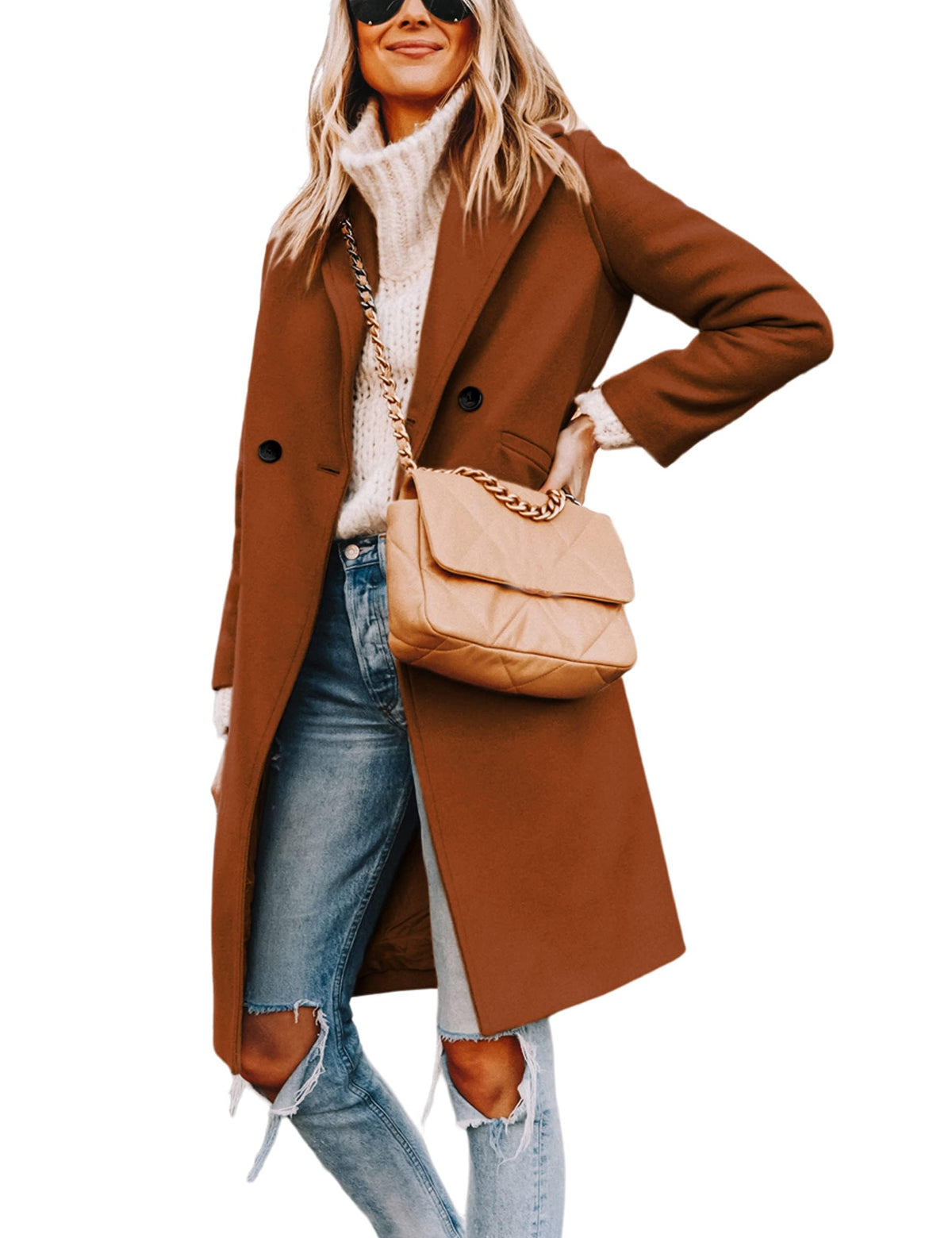 Women's Wool Coat Notch Lapel Double-Breasted Peacoat