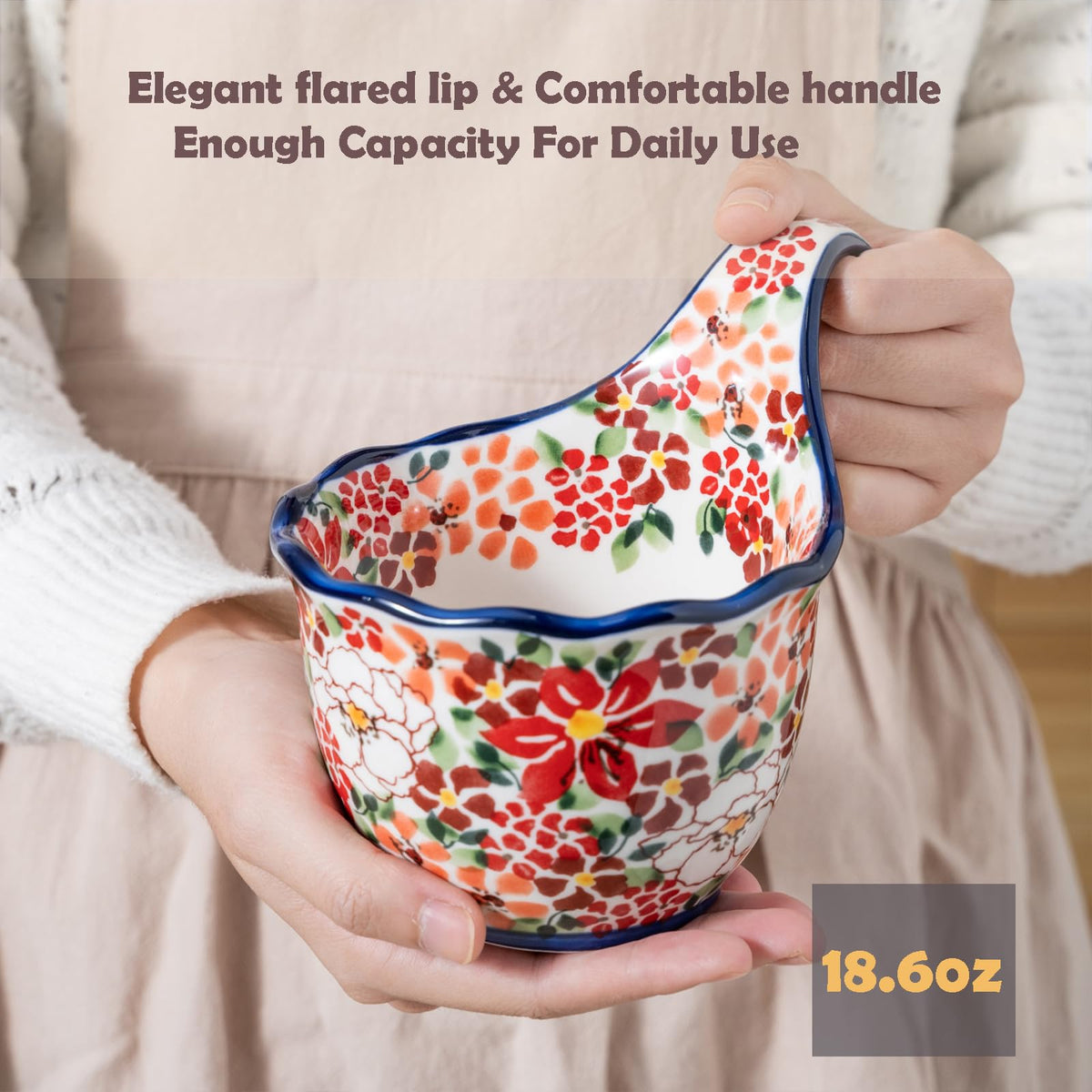Alma Handpainted Microwavable Soup Bowl with Loop Handle 18.6Oz, Cereal Bowl with Handle