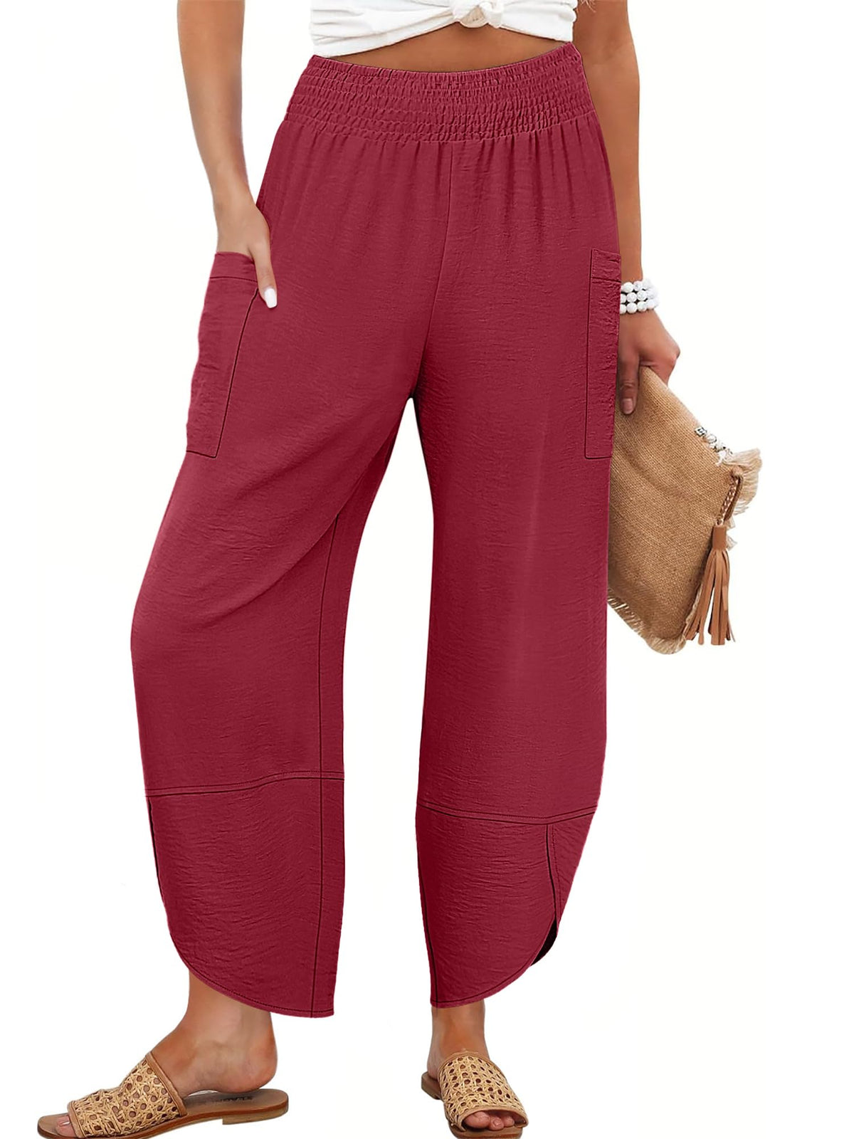 Anrabess Womens Wide Leg Palazzo Capri Pants Summer Casual High Waisted Barrel Lounge Flowy Cropped Beach Work Trousers