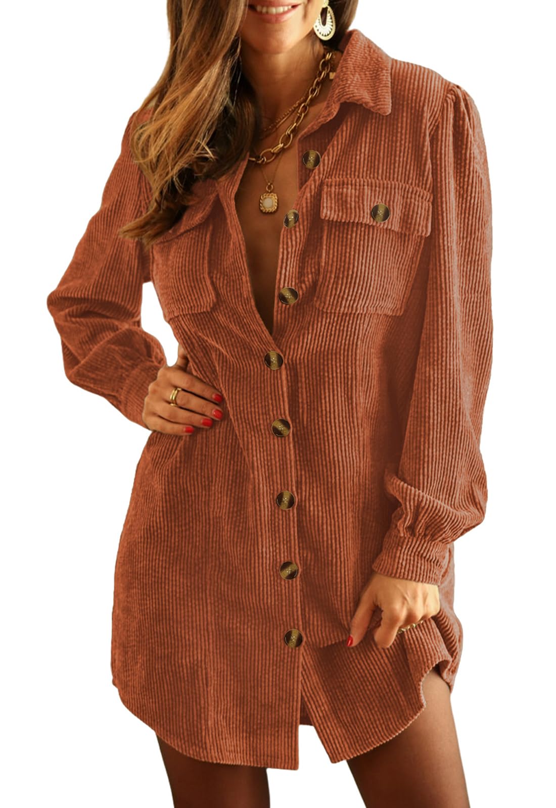 Women's Corduroy Long Sleeve Button Work Tunic Short Dresses