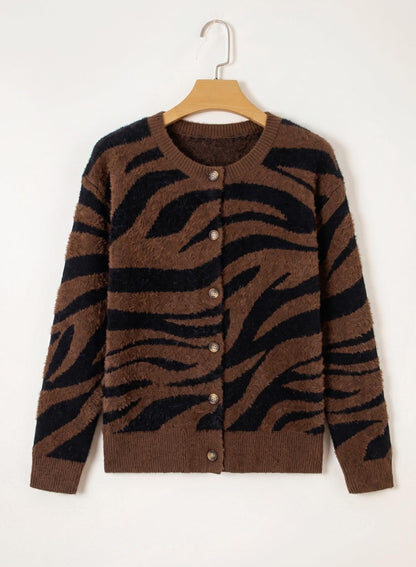 Sidefeel Women's Long Sleeve Crewneck Animal Print Cardigan Sweater