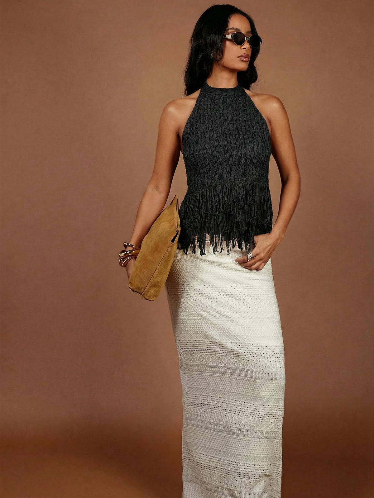 SweatyRocks Women's Boho Fringe Halter Tops Sleeveless Open Back Summer Knit Crochet Tank Top