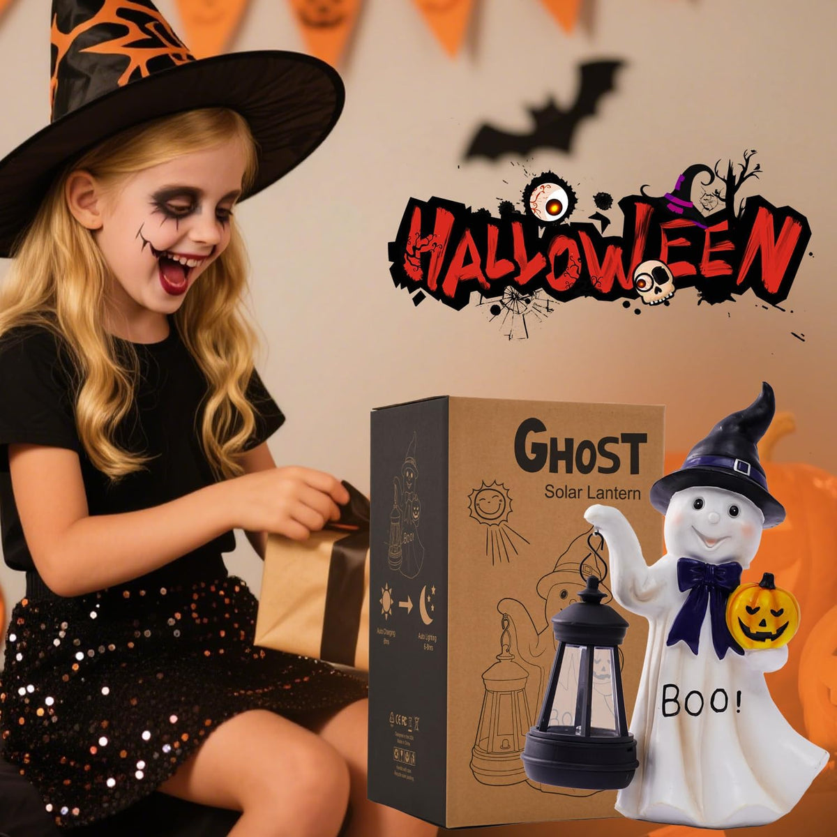 Halloween Decoration Ghost Solar Statue Outdoor - Cute Halloween Decor for Garden Home Patio Balcony : Unique Gifts for Holiday Decorations