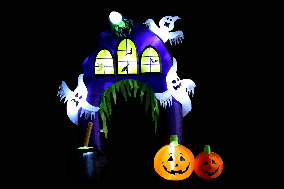 9 Ft Tall Halloween Inflatable Castle Archway | Pumpkins Spider Ghosts Cauldron, LED Lights, Outdoor Indoor, Yard Blowup