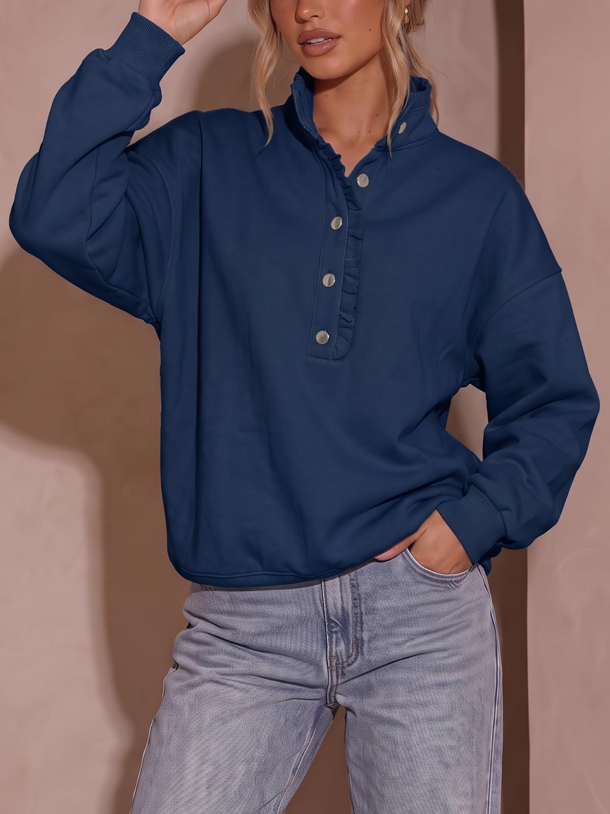 Fisoew Womens Sweatshirt Mock Neck Henley Pullover