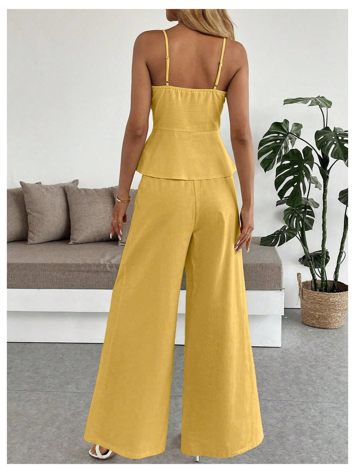 SOLY HUX Women's 2 Piece Outfit Button Down Peplum Cami Wide Leg Pants Set