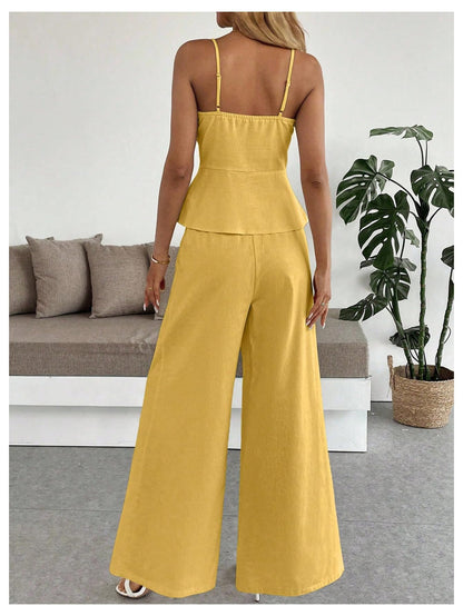 SOLY HUX Women's 2 Piece Outfit Button Down Peplum Cami Wide Leg Pants Set