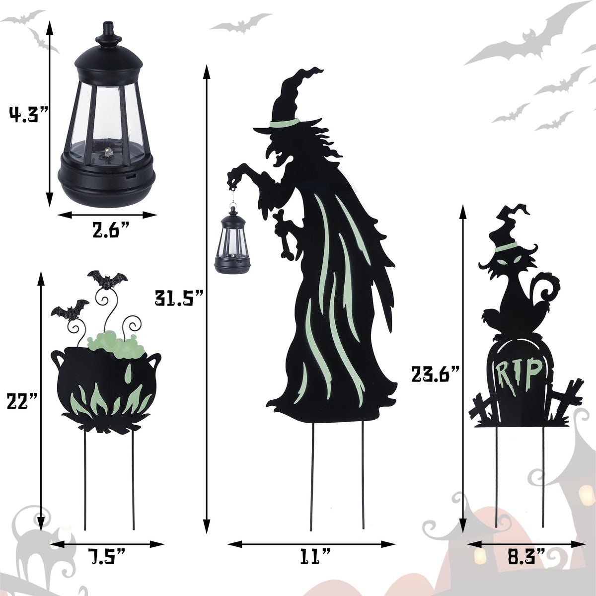 Prsildan 3 Pack Halloween Decorations Outdoor Solar Lighted Boo Yard Sign | Waterproof Metal Lawn Stakes, Solar-Powered, Bats, Cat & Ghost, for Front Yard, Porch, Garden, Spooky Halloween Party Decor