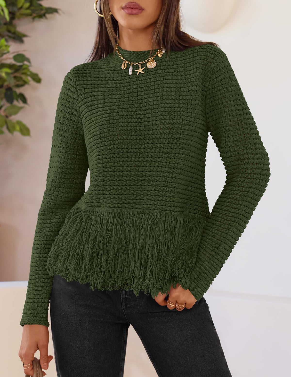MEROKEETY Women's Fall Fashion Crochet Fringe Sweater Tops Boho Pullover