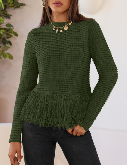 MEROKEETY Women's Fall Fashion Crochet Fringe Sweater Tops Boho Pullover