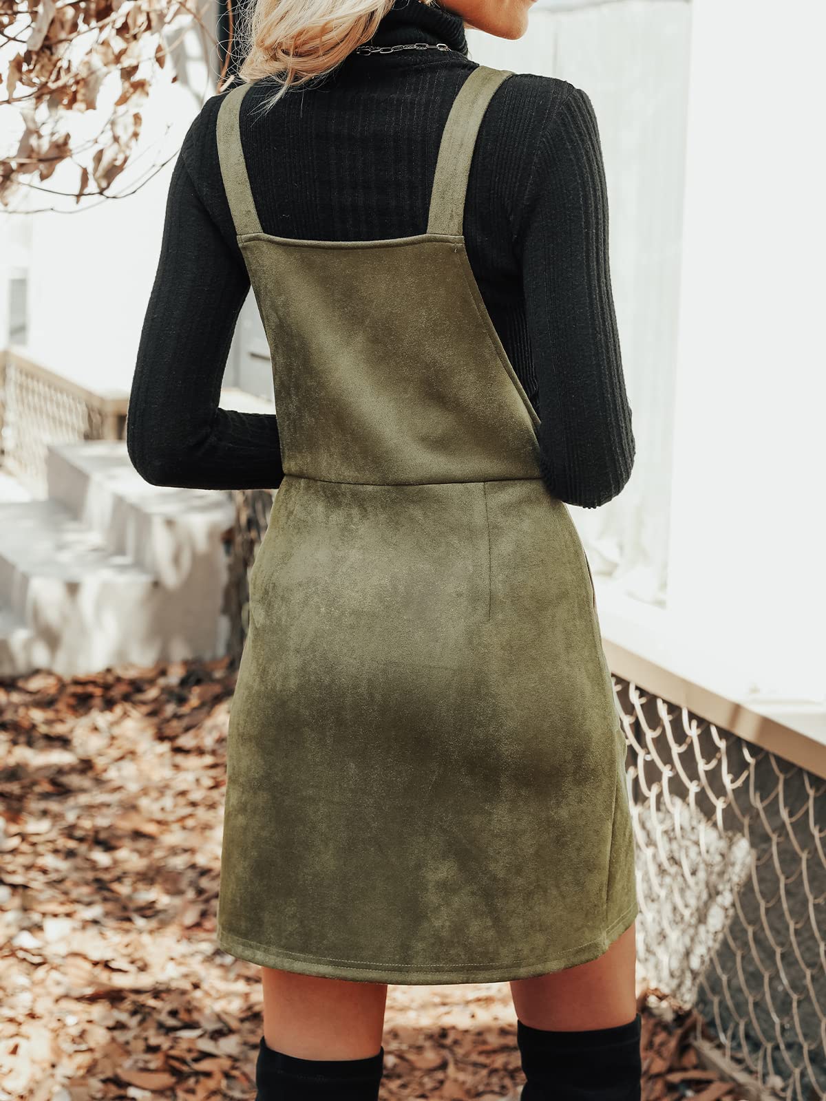 CUPSHE Faux Suede Mini Fall Dresses for Women Square Neck Pull Ring Zipper Front Pockets Wide Straps Casual Autumn Dress