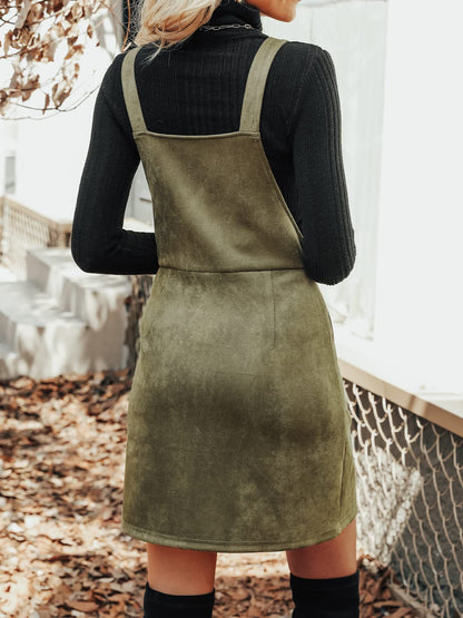 CUPSHE Faux Suede Mini Fall Dresses for Women Square Neck Pull Ring Zipper Front Pockets Wide Straps Casual Autumn Dress