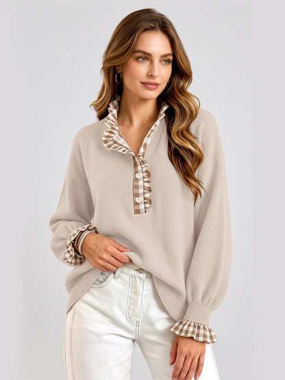 Ruffle Knit Collared Quarter Pullover