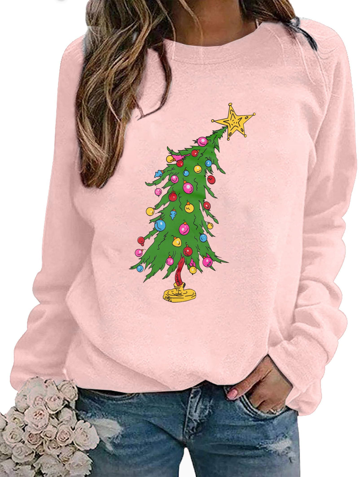 Christmas Sweatshirts for Women Cute Christmas Tree Graphic Long Sleeve Shirt Xmas Holiday Party Pullover Blouse